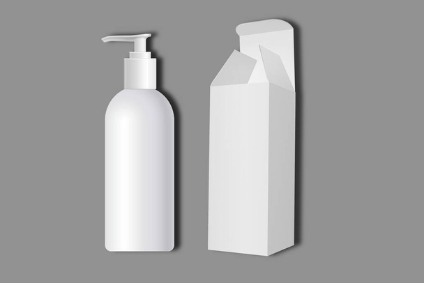 Blank shampoo pump bottle with box packaging mockup isolated on background. 3d rendering. - 写真・画像