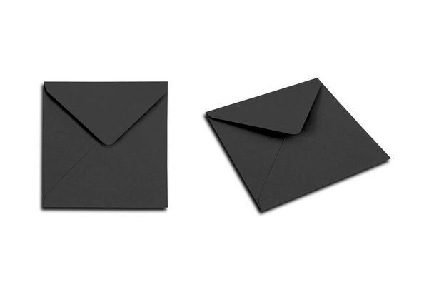 白い背景に隔離された正方形の黒い封筒のモックアップ。3Dレンダリング. - 写真・画像