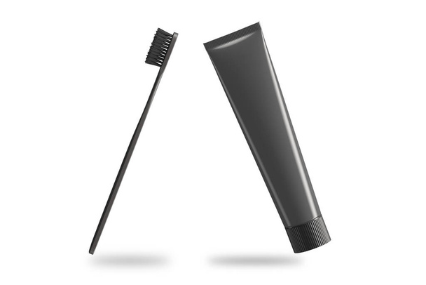 Чорна зубна щітка з маком зубної пасти ізольована на білому тлі.3d рендеринга. - Фото, зображення
