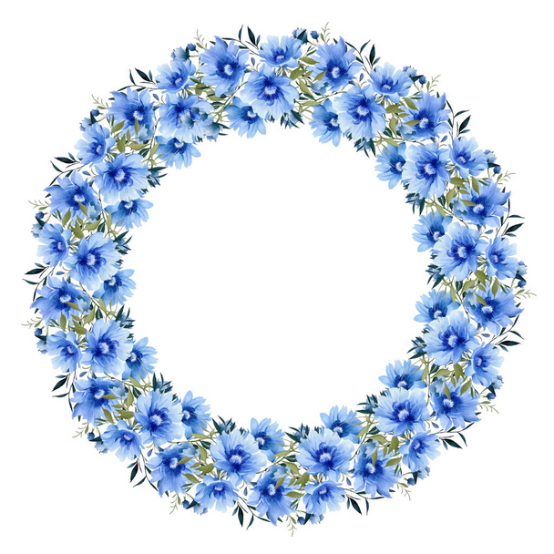 Mavi çiçekli çelenk, yapraklar ve dallar suluboya tarzında. Vektör çemberi çerçevesi, Vintage - Vektör, Görsel