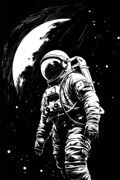 Un astronauta flotando en el vacío. detrás del astronauta se puede ver un pedazo de la luna en blanco y negro simple boceto. - Vector, imagen