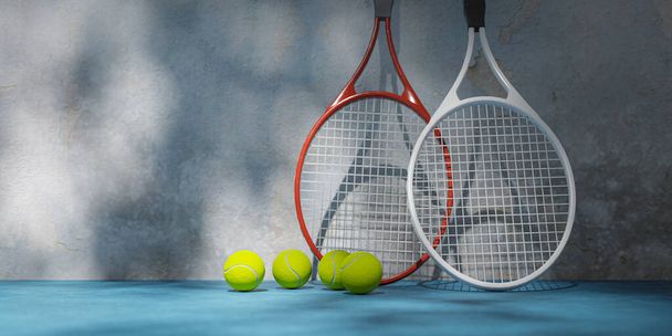 Két teniszütő és labda felegyenesedve egy teniszmeccs szünetében, 3D-s renderelés - Fotó, kép