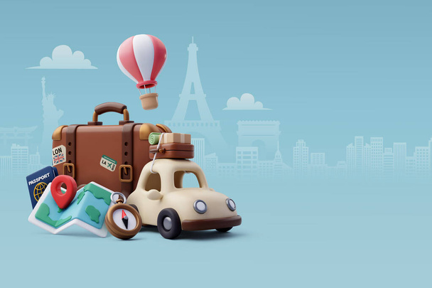 Collection de tourisme de voyage icône 3d, Tour du monde de planification de voyage. Vacances, voyages et transports concept. - Vecteur, image