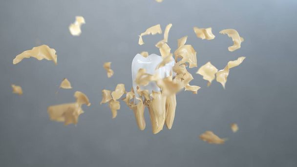 3d renderizado placa de partículas volando para cubrir el diente. - Foto, Imagen