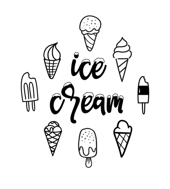 Ikony zmrzliny. Typografie, černá písmena izolovaná na bílém pozadí. Ilustrace vektorového typu. Logo pro zmrzlinu, etikety, samolepky a odznaky. Ručně kreslený text zmrzliny a sada čmáranic. - Vektor, obrázek