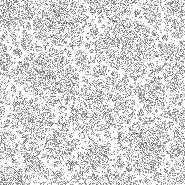 Vektorflorales nahtloses Muster. Paisley-Elemente, Fantasieblume, Blätterkontur auf weißem Hintergrund. Malbuch-Seite - Vektor, Bild