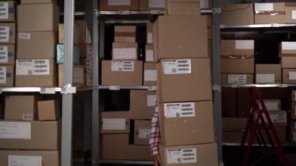 生産在庫への配達のためのカートン箱を運ぶ倉庫労働者.反射ベストが付いているアラビアのスタッフは箱の積み下ろします.職場の人々. コピースペース - 映像、動画