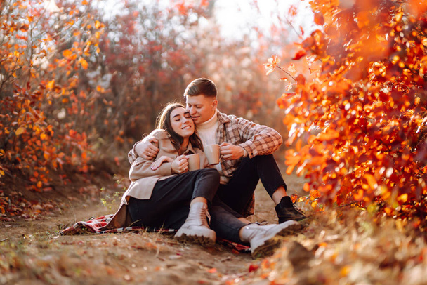 Happy and young couple walks in a beautiful autumn park, enjoys the beautiful weather. Pregnant married couple resting together in nature. Vacation, lifestyle concept. - Foto, Imagem