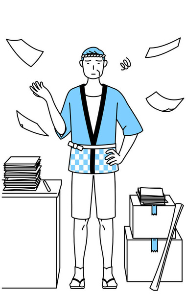 Yaz festivallerinde Happi ceketi giyen kıdemli bir adam organize edilmemiş işinden bıkmış, Vector Illustration - Vektör, Görsel