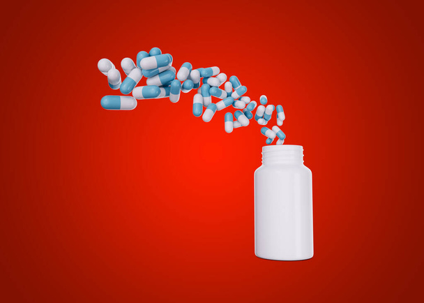 3d Порожня пляшка білої таблетки з антибіотичними капсулами літає в повітряному червоному тлі 3d ілюстрація - Фото, зображення