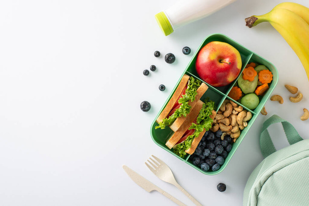 Scène de déjeuner saine du haut vers le bas, présentant une boîte à lunch avec de délicieux sandwichs, légumes, fruits et baies sur un fond blanc isolé avec espace pour le texte ou la promotion - Photo, image