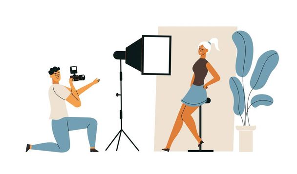 Photographers and models, professional cameraman workflow process. Vector of model photographer, camera and cameraman professional illustration - Vector, Image