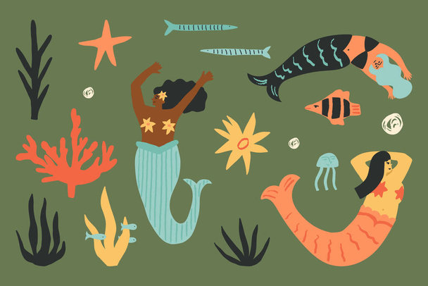 Cute Diverse mermaids from different cultures and nations set, dancing and swimming happily, enjoying life surrounded by underwater plants, flowers, and sea fish. Vector collection. - Vector, Image