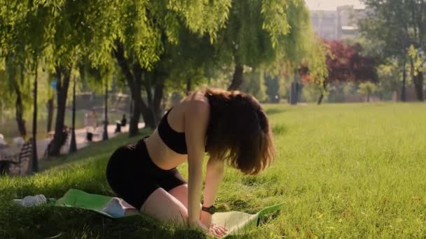 Дівчина позує на зеленій траві в парку, оточеному природою, насолоджуючись йогою та вправами для здорового способу життя. Молода дівчина насолоджується природою робить йогу на зеленій траві в парку - Кадри, відео