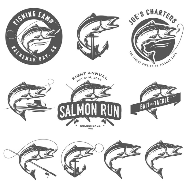 Vintage salmon fishing emblems and design elements - Vettoriali, immagini