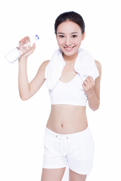 healthy asian woman with towel and water bottle - Foto, imagen