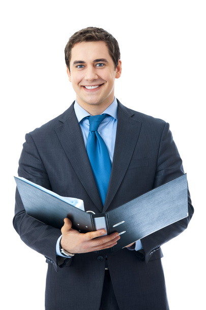 Portrait of happy smiling businessman with folder, isolated on w - Фото, изображение