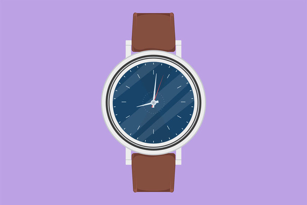 Desenho de design plano gráfico de relógio de aço de luxo com logotipo pulseira de tecido preto, rótulo, modelo, ícone, símbolo. Relógio de pulso clássico dos homens de prata com pulseira metálica. Desenhos animados estilo ilustração vetorial - Vetor, Imagem