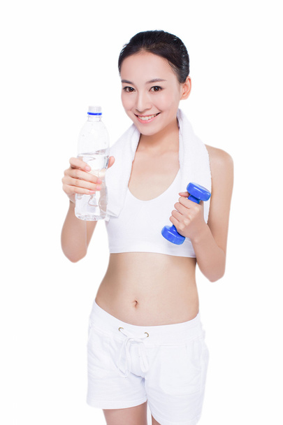healthy asian woman with towel and water bottle - Fotó, kép