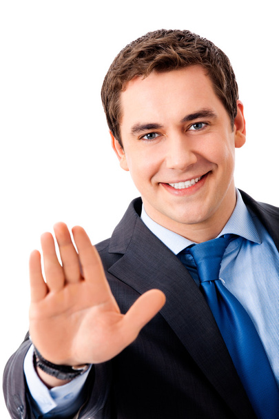 Happy gesturing businessman, isolated on white - Фото, изображение