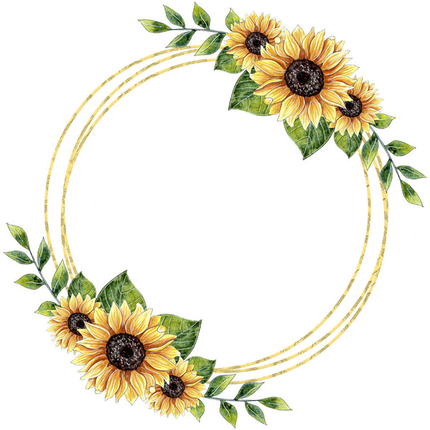 Aquarell Sonnenblume goldenen Rahmen Design geeignet für Grußkarten, Brautdusche und Hochzeitseinladungen etc. - Foto, Bild