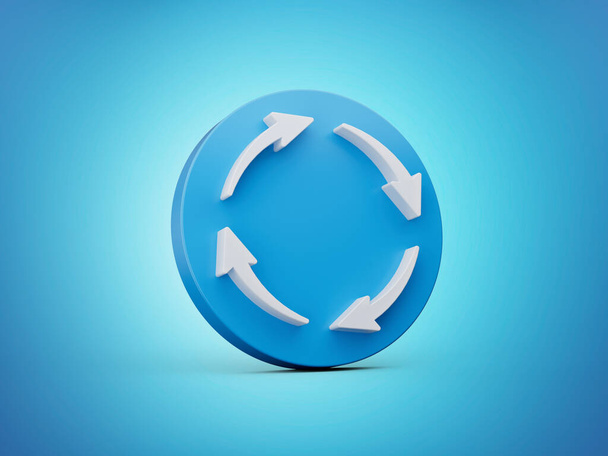 3d quatro setas brancas reciclar o símbolo com ícone azul arredondado no fundo azul ilustração 3d - Foto, Imagem