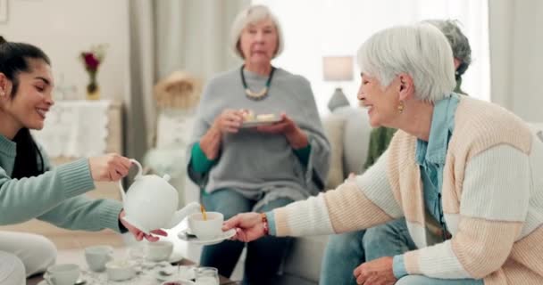 朝食,チャット,リラックスのための退職の家でのお茶,シニアの女性や友人. 高齢者や介護者と一緒に食事をしたり,一緒に食べたりしながら食事をしたりするためのテーブルで介護者とグループ. - 映像、動画