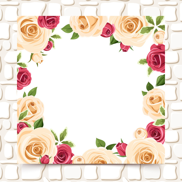 Κάρτα με κόκκινα και άσπρα τριαντάφυλλα σε έναν πέτρινο τοίχο. Διανυσματικών eps-10. - Διάνυσμα, εικόνα