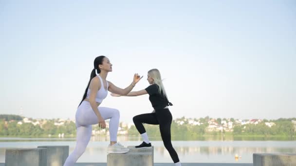 Two woman enjoy fitness, doing aerobic exercises for strong legs in summer park. Sport concept. - Video
