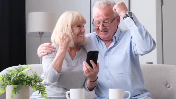 Grandparents hit the jackpot in a mobile app. Gambling games, casino in smartphone. Vertical video. - Footage, Video