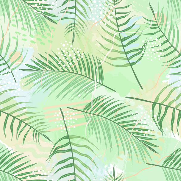 Patrón inconsútil de hojas tropicales de palmera, hojas de Arecaceae y forma de pincel. Colección exótica de textura vegetal y grunge. Ilustración vectorial dibujada a mano para papel pintado, papel de envolver, tela - Vector, imagen