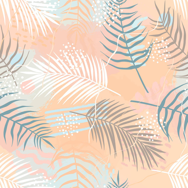 Seamless pattern of tropical leaves of palm tree, Arecaceae leaf and brush shape. Exotic collection of plant and grunge texture. Hand drawn vector illustration for wallpaper, wrapping paper, fabric - Vector, Image