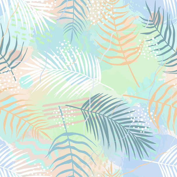 Saumaton kuvio trooppisia lehtiä palmun, Arecaceae lehtiä ja harja muoto. Eksoottinen kokoelma kasvien ja grunge rakenne. Käsin piirretty vektori kuva tapetti, käärepaperi, kangas - Vektori, kuva