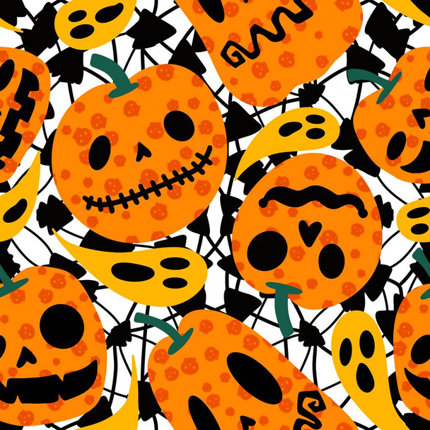 Jesienne zbiory bezszwowe dynie kreskówki Halloween wzór do pakowania papieru i tkanin i pościeli i odzieży dziecięcej druku i pakowania i akcesoriów kuchennych. Wysokiej jakości ilustracja - Zdjęcie, obraz