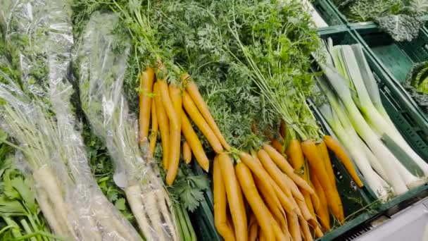 A young woman buys vegetables in the market, she examines carrots. The concept of vegetarianism. - Video, Çekim