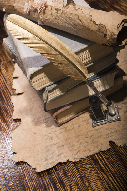 Vintage golden pen and ancient manuscripts - Photo, Image