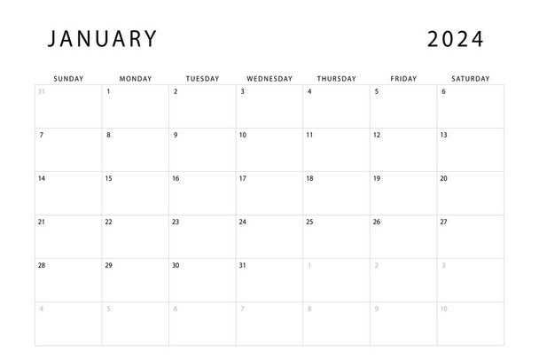 Ιανουάριος 2024 ημερολόγιο. Μηνιαίο πρότυπο προγραμματισμού. Κυριακή. Σχεδιασμός διανύσματος - Διάνυσμα, εικόνα