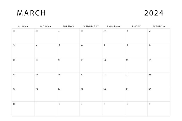 2024 márciusi naptár. Havi tervezői sablon. Vasárnap kezdünk. A vektor kialakítása - Vektor, kép