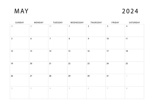 Toukokuu 2024 kalenteri. Kuukausisuunnittelijan malli. Sunnuntai alkaa. Vektorisuunnittelu - Vektori, kuva
