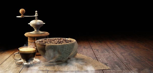 Гарячий еспресо Свіжа кава на столі Смажені кавові зерна на дерев'яному фоні та кавовий кухоль 3D ілюстрація гарячих кавових зерен - Фото, зображення