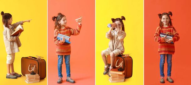 Collage of cute little girl with books on color background - 写真・画像