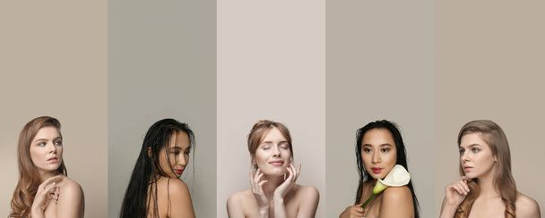 Collage schöner junger Frauen mit gesunder Haut auf grauem Hintergrund - Foto, Bild