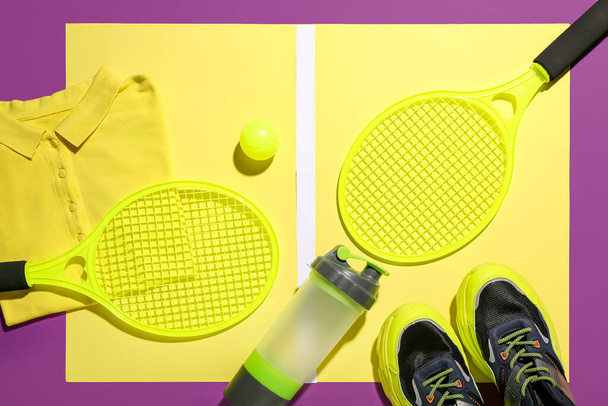 Composición con botella de agua y equipo deportivo sobre fondo de color - Foto, Imagen