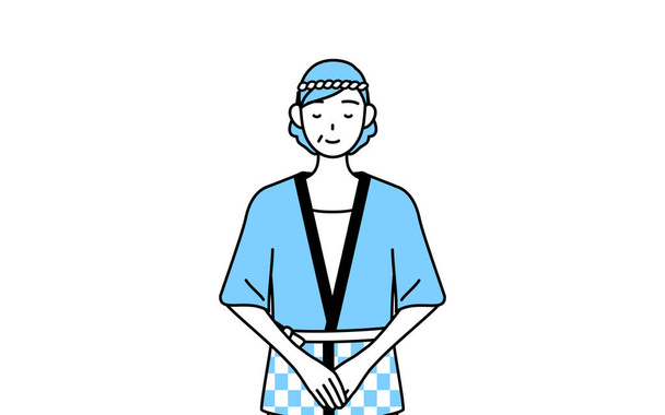 Seniorin im Happi-Mantel für Sommerfeste verneigt sich mit gefalteten Händen, Vector Illustration - Vektor, Bild