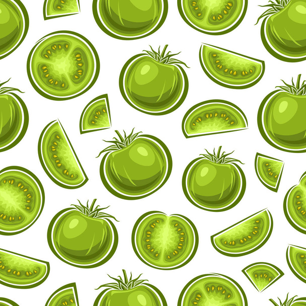 Διάνυσμα Πράσινο Ντομάτα αδιάλειπτη μοτίβο, επανάληψη φόντο με διάφορες ψιλοκομμένες ντομάτες κήπο για κλινοσκεπάσματα, διακοσμητική πλατεία αφίσα με ομάδα επίπεδης lay ώριμα ζουμερά φρούτα τομάτας για το εσωτερικό του σπιτιού - Διάνυσμα, εικόνα