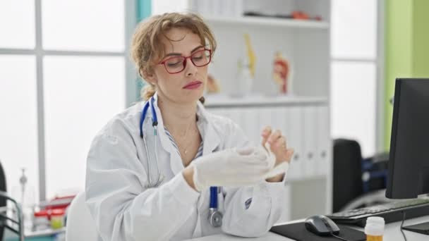 Νεαρή γυναίκα γιατρός κουρασμένος λαμβάνοντας γυαλιά και γάντια μακριά στην κλινική - Πλάνα, βίντεο