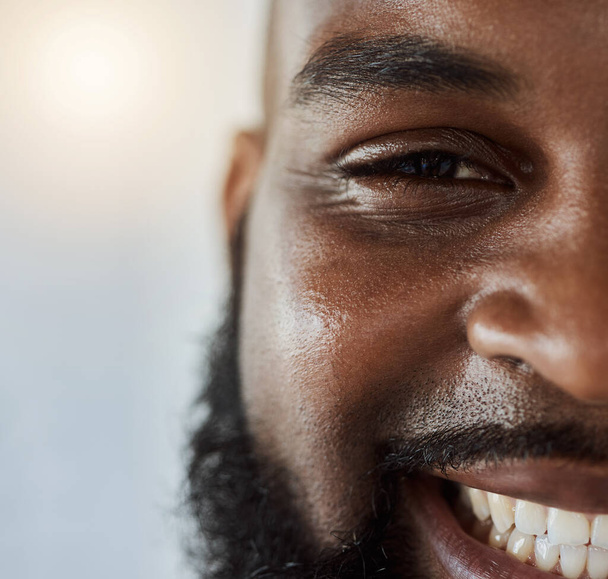 Black man, face and portrait smile with teeth for dental care or hygiene against a studio background. Closeup of happy African male person in tooth whitening, oral or gum and mouth cleaning on mockup. - Photo, Image