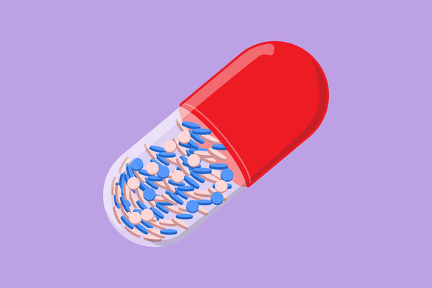 Cartoon flat style drawing pill from bottle logo icon. Medical capsules container. Tablet pill medical drug pharmacy care and tablet pills antibiotic pharmaceutical. Graphic design vector illustration - Vector, Image
