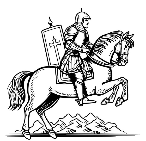 Ridder te paard schets hand getrokken heraldiek illustratie - Vector, afbeelding