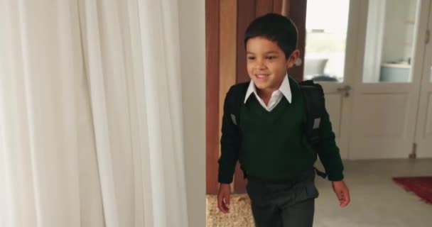 School, leave and mother hug child ready for education, childhood development and learning at home. Love, family and mom embrace young boy for greeting, goodbye and morning routine for academy. - Footage, Video